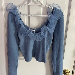 Zara Light Blue Knit Top with Sheer Overlay